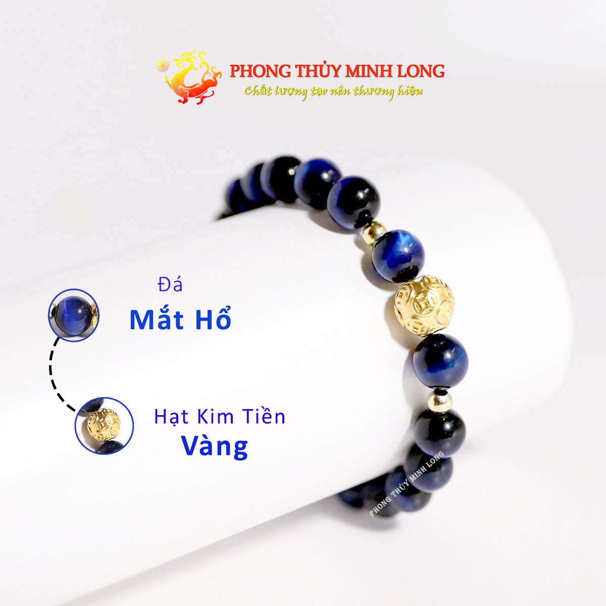 Vòng tay đá mắt hổ xanh dương đen mix hạt kim tiền vàng