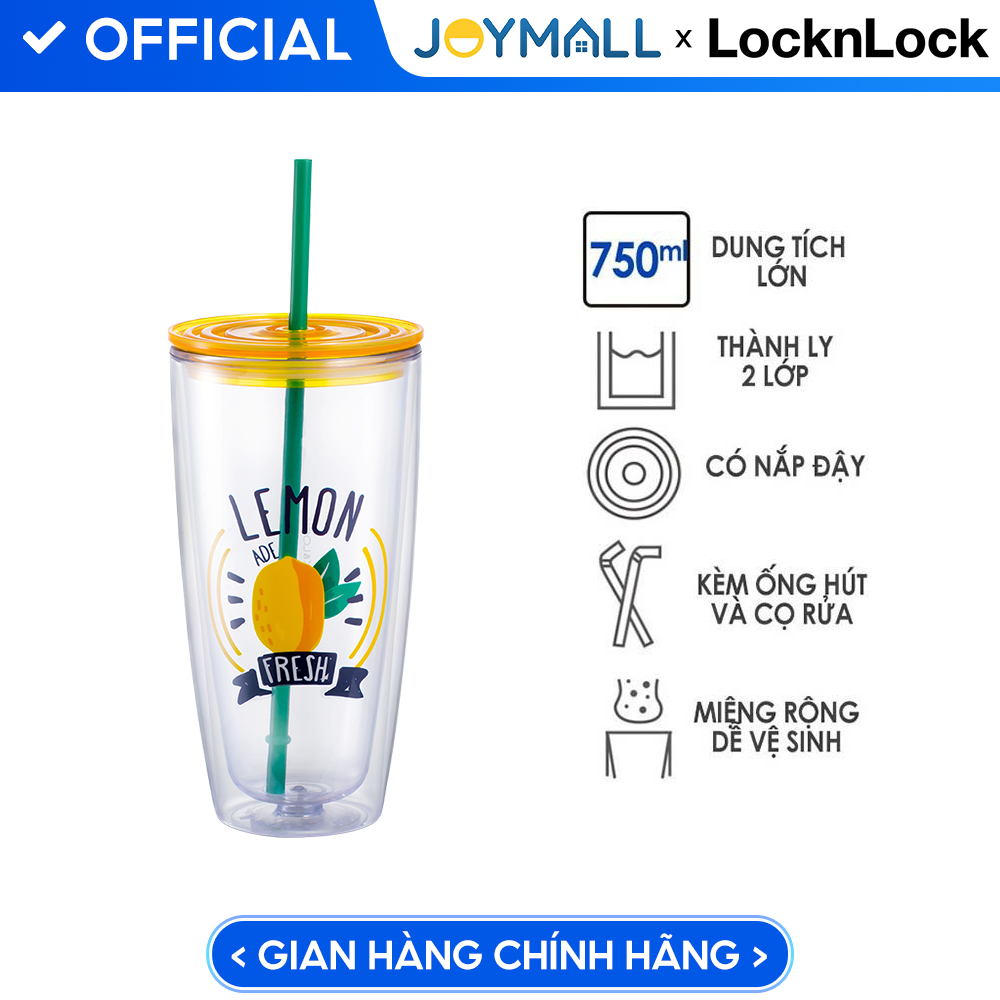 Ly nhựa 2 lớp Lock&Lock màu vàng HAP507YEL 750ml - Hàng chính hãng, có ống hút, có nắp đậy - JoyMall