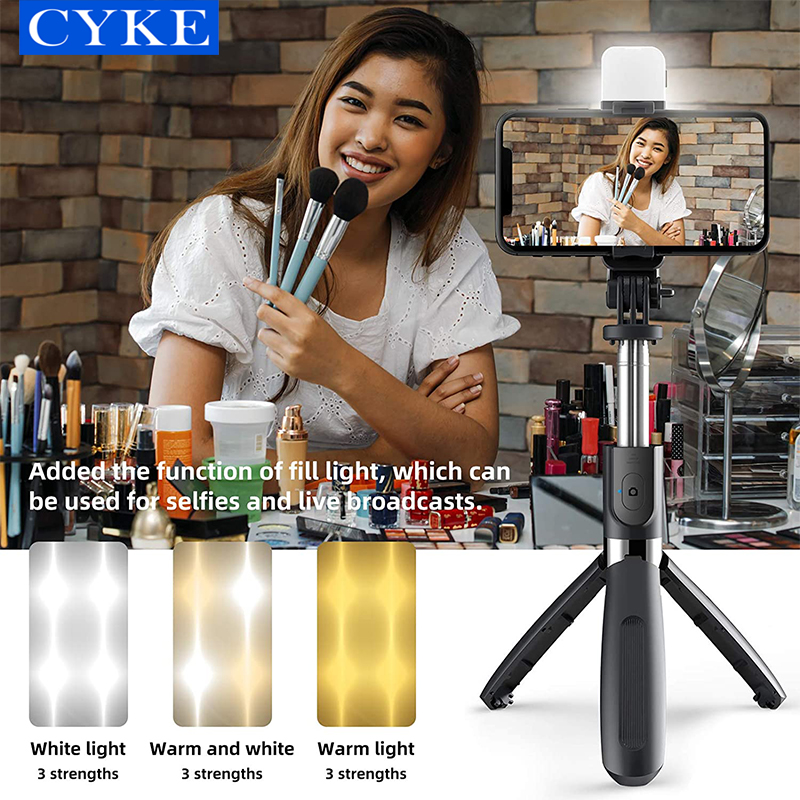 Gậy chụp hình Selfie Tripod CYKE kéo dài 102.4cm xoay 360 độ tích hợp điều khiển không dây bluetooth kèm đèn Led-Hàng chính hãng