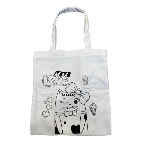 Combo Túi Canvas Và Bộ 12 Màu Bút Vẽ Lên Vải - Túi In Hình Mẫu Chưa Tô - Túi Mèo