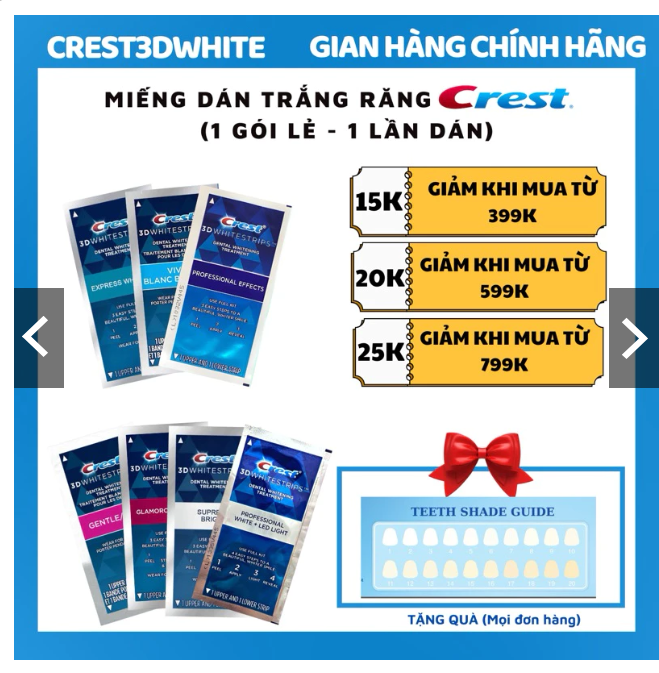 Miếng dán trắng răng Crest 3D White tẩy trắng răng 1 gói chính hãng