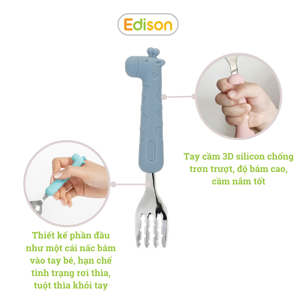 Bộ thìa nĩa ăn dặm cho bé inox 304 chống gỉ bọc silicon BPA Free có hộp đựng hình hươu cao cổ Edison chính hãng Hàn Quốc