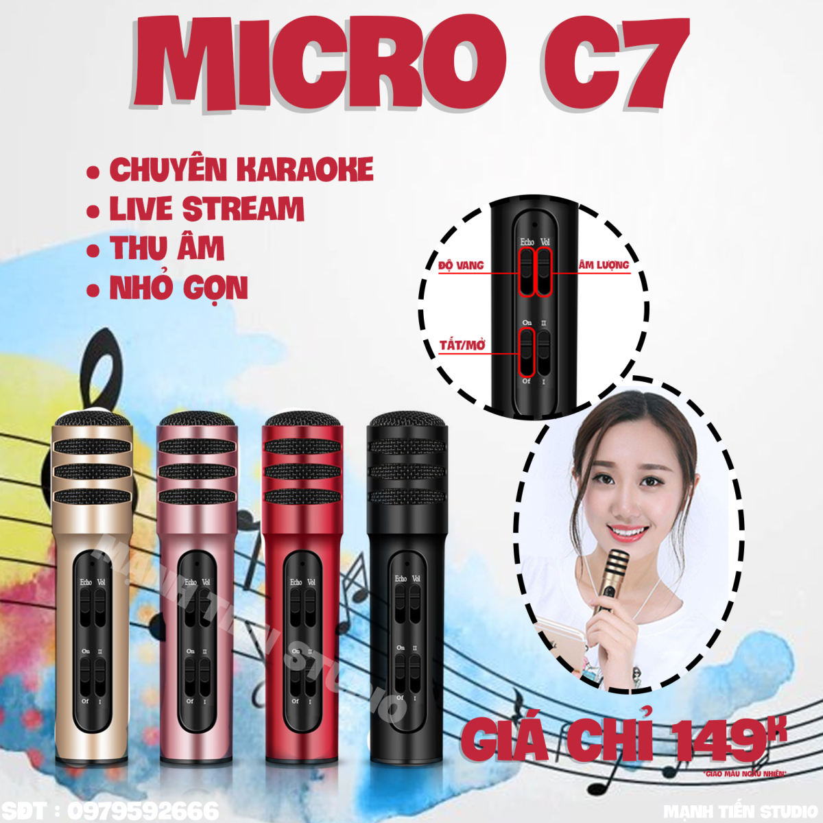 Micro thu âm C7 - Mic thu âm cao cấp không cần soundcard - Thu âm, livestream, karaoke online cực hay - Vỏ kim loại độ bền cao - Tặng kèm tai nghe nhét tai - Giao màu ngẫu nhiên - Hàng nhập khẩu