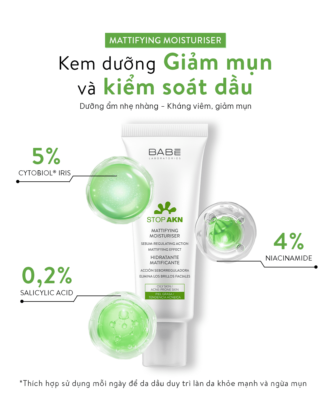 Kem dưỡng ẩm kiềm dầu giảm mụn BABE Stop AKN Mattifying Moisturiser 50ml
