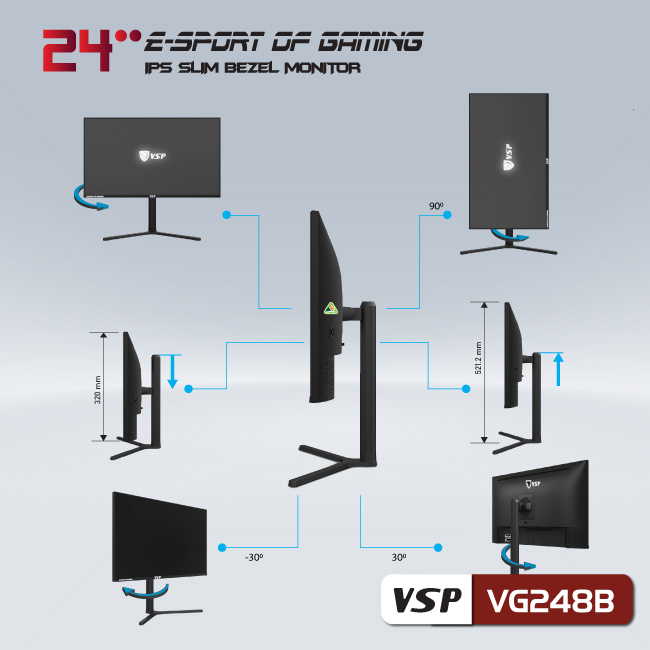 Màn hình vi tính VSP VG248B 24inch Gaming (23.8&quot; IPS Full HD, 144Hz HDMI / 165Hz DisplayPort) - Hàng chính hãng TECH VISION phân phối