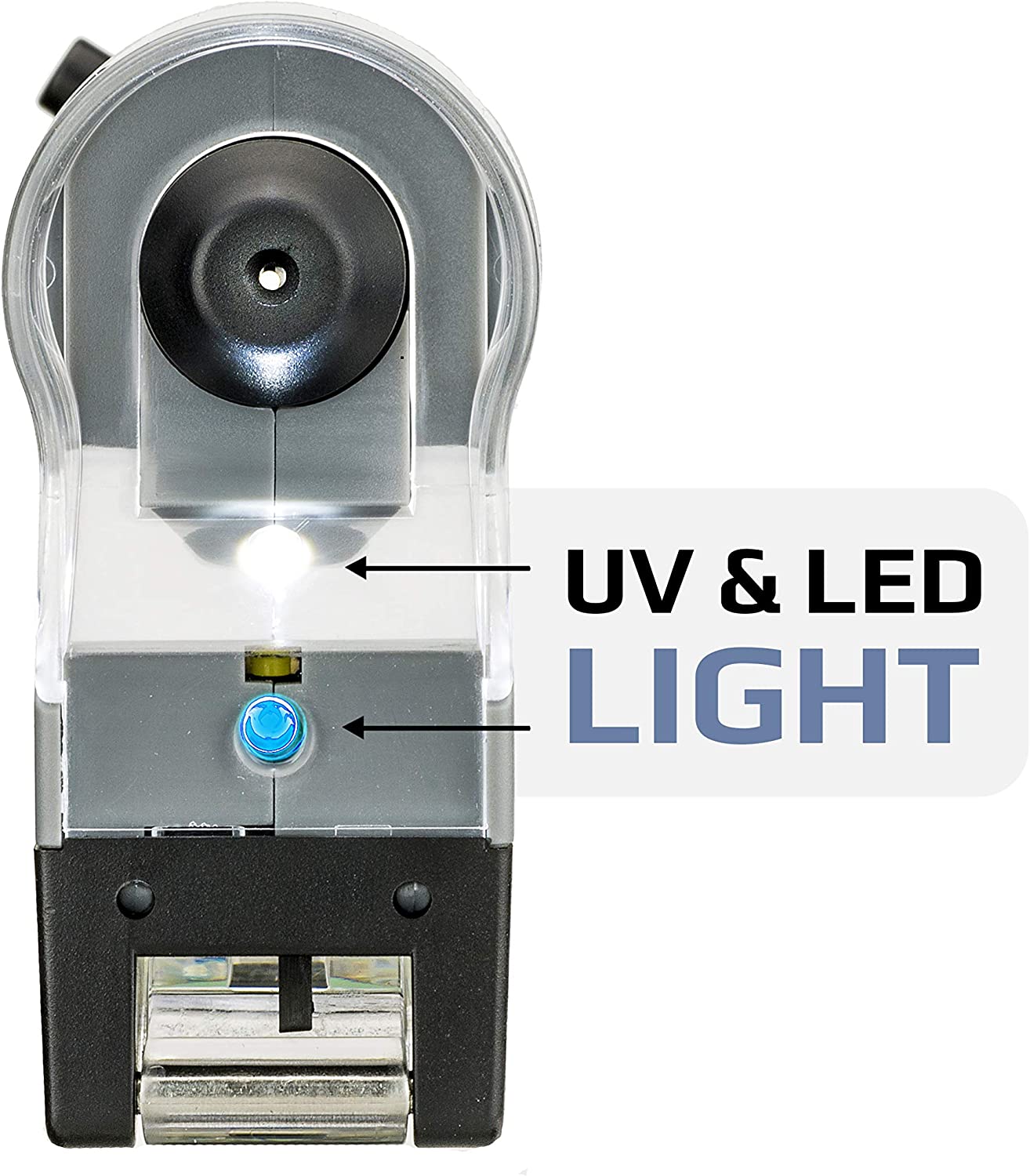Kính hiển vi bỏ túi cao cấp MicroFlip MP-250 (Phóng đại 100x -250x) có đèn tia cực tím UV. MicroFlip 100x-250x LED UV Pocket Microscope with Smartphone Clip - Hàng chính hãng