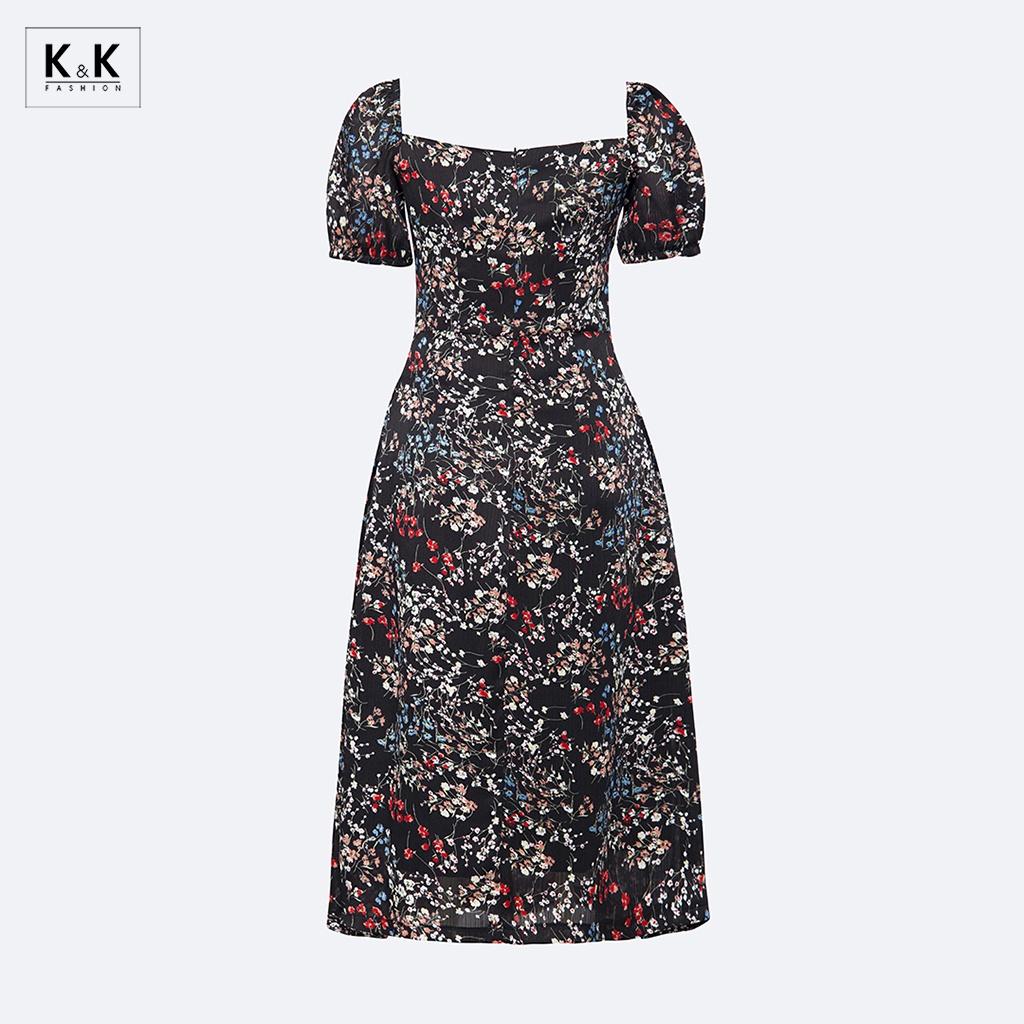 Đầm Đen Hoa Dáng Xòe Cổ Vuông K&K Fashion KK130-27 Chất Liệu Tằm Ý Sớ Gân