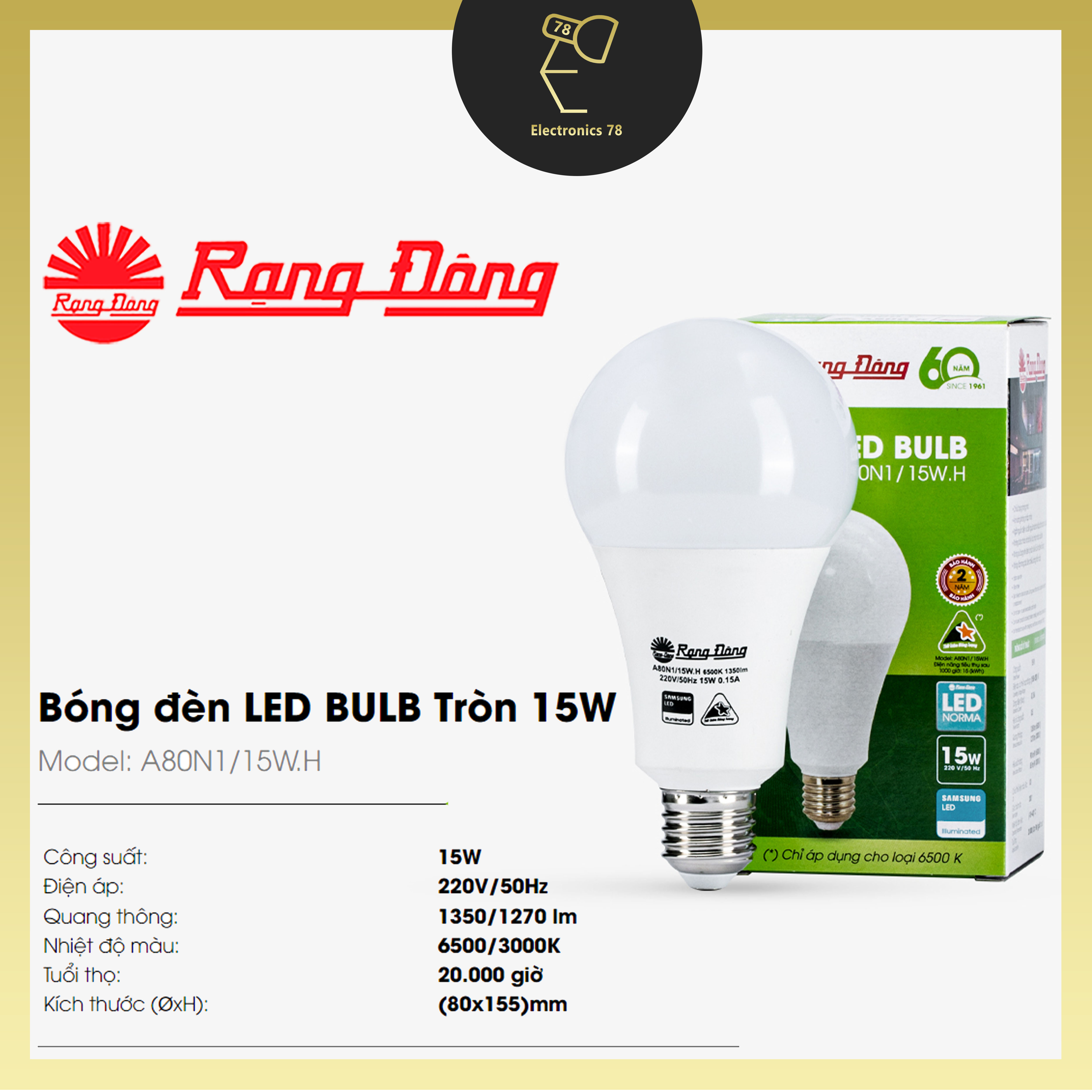 Bóng Led tròn Rạng Đông [3W - 5W - 7W - 9W - 12W - 15W] - [Ánh sáng Trắng/Vàng]