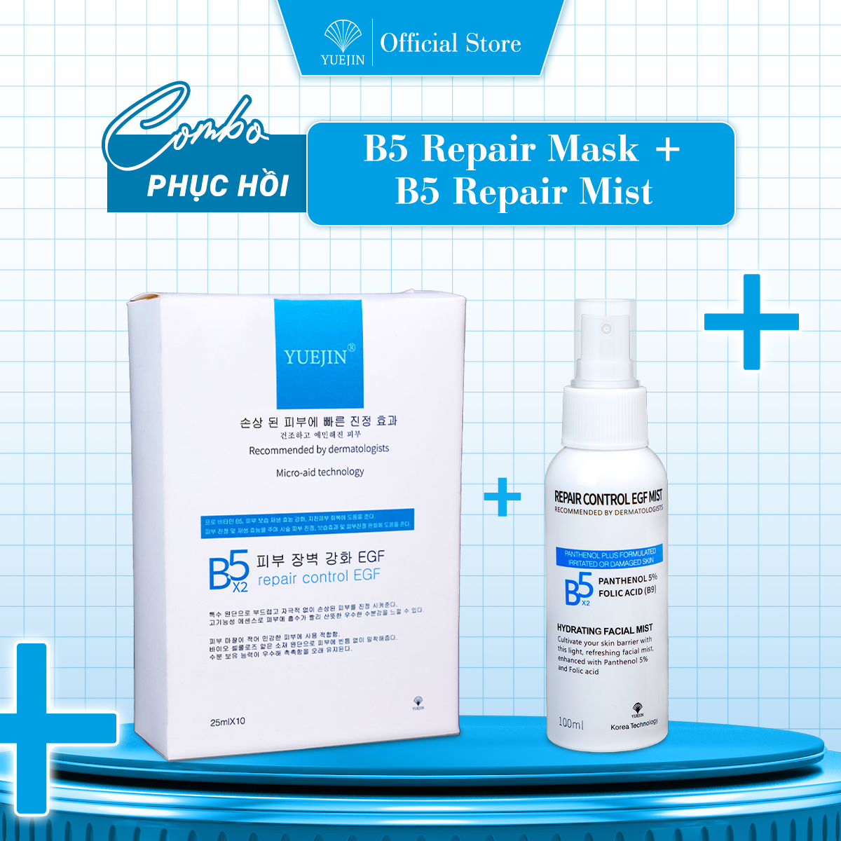 Combo phục hồi da Yuejin 10 mặt nạ B5 Repair Control EGF + Chai xịt phục hồi B5 Mist cấp ẩm, phục hồi da