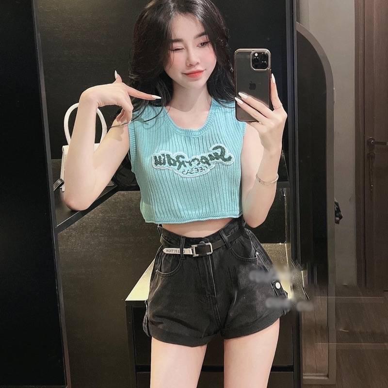 Áo len nữ Montoghi dệt kim Quảng Châu MÙA HÈ dáng croptop thêu chữ nổi xinh xắn