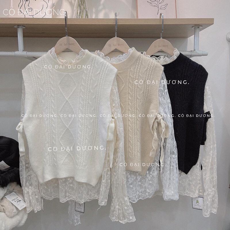 Set áo gile trơn buộc eo kèm áo ren cổ