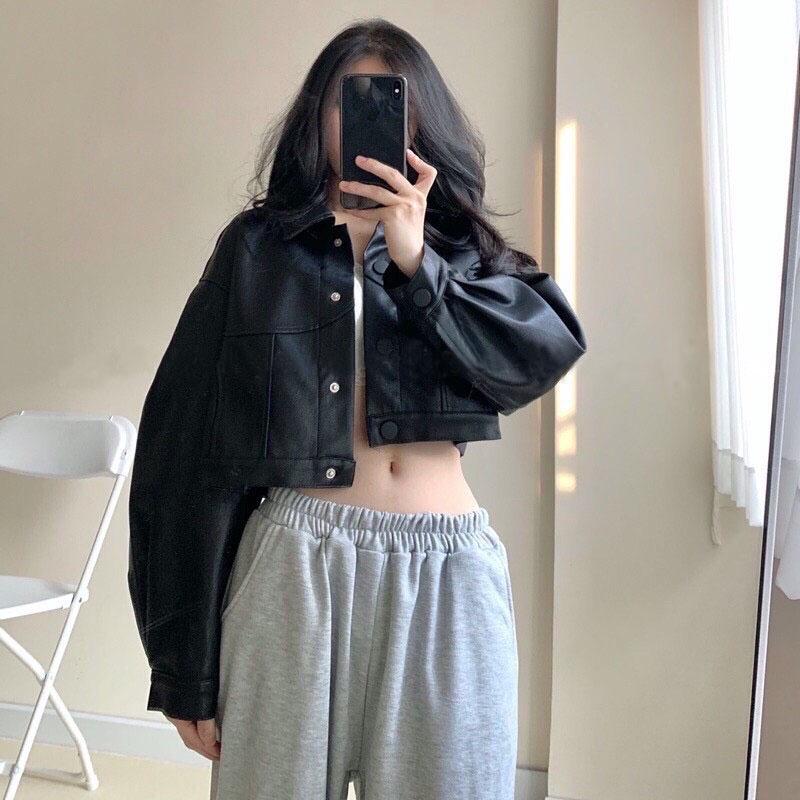 Áo Khoác Da Croptop Dài Tay Form Rộng - Áo jacket nữ khoác ngoài dáng ngắn tay bồng, thiết kế độc đáo, cá tính Ulzzang