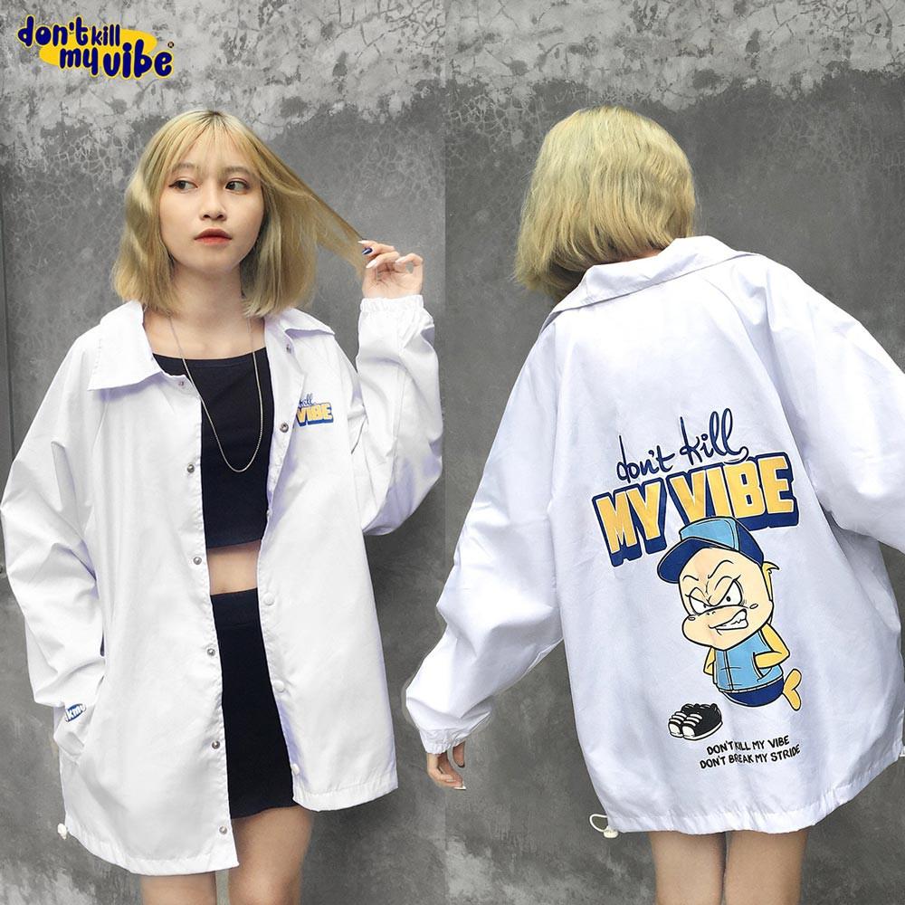 Áo khoác dù in hình màu trắng TẶNG Tote | DKMV White Baseball Jacket