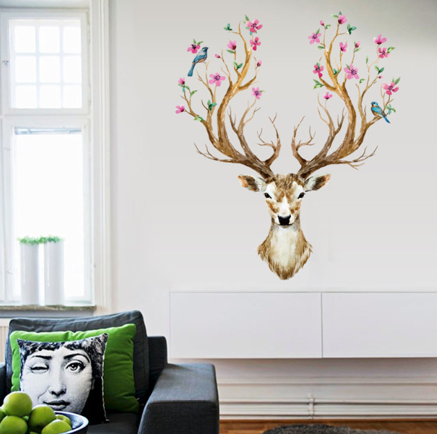 Decal trang trí tường - Đầu Nai hoa mai hồng phong cách