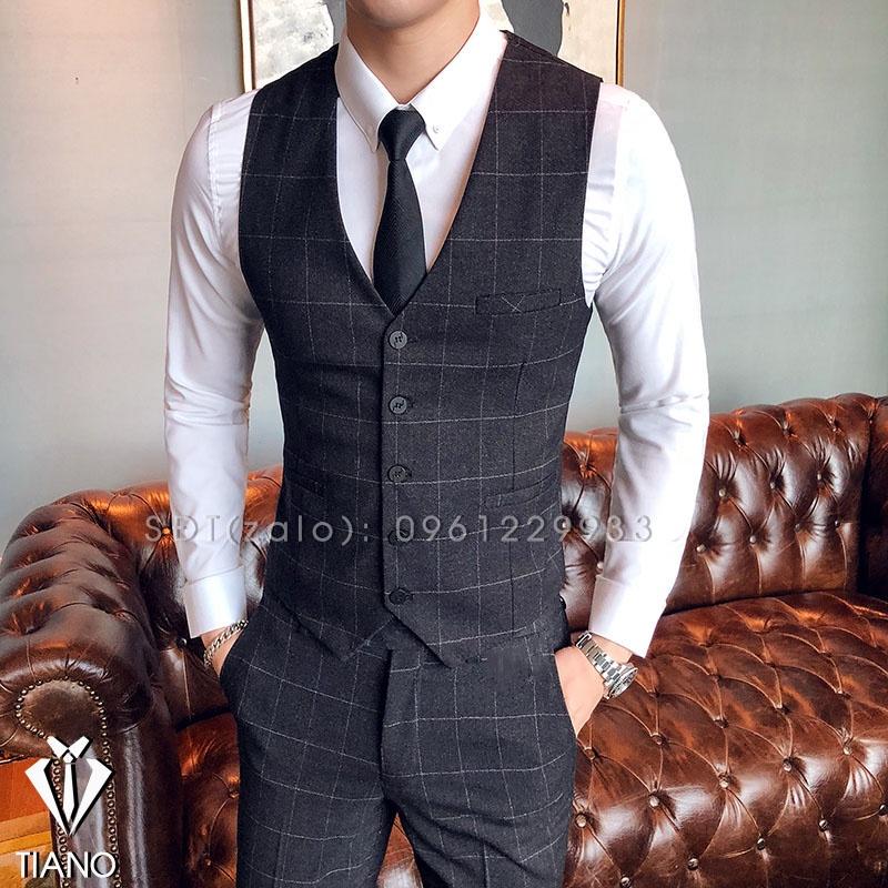 Bộ Vest nam kiểu 6 cúc màu Đen kẻ ô, form ôm body chất vải dày 2 lớp, Suit Nam Cao Cấp - TIANO STORE