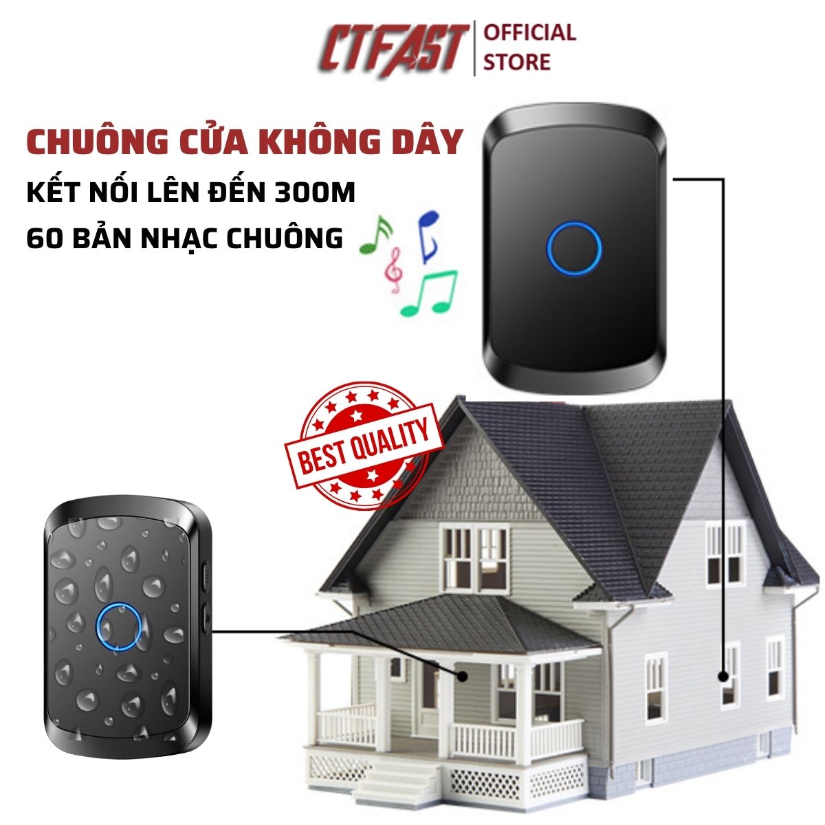 Chuông Cửa Không Dây Thông Minh CTFAST A50 (1 Nút Bấm, 1 Chuông ), Chống Nước, Khoảng Cách Sử Dụng Hiệu Quả 300 mét - Hàng Chính Hãng