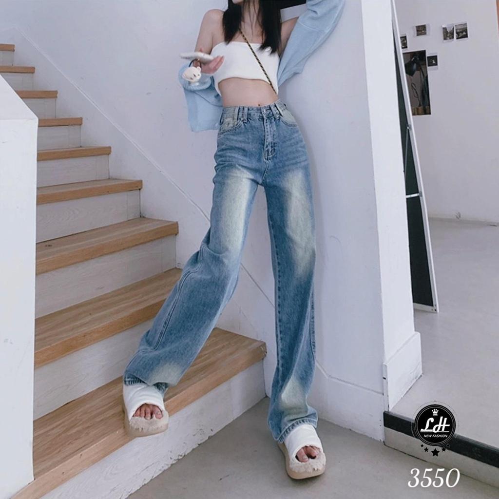 Quần jean nữ ống rộng, quần bò lưng cao màu xanh loang hai màu xả lai lưng kiểu Lê Huy Fashion MS 3550