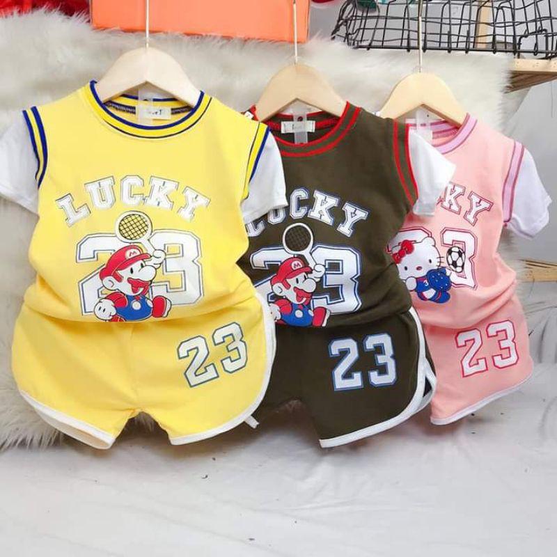 Bộ quần áo trẻ em cộc tay thể thao 23 Lucky bé trai và bé gái chất cotton 4 chiều cho bé từ 7-20kg