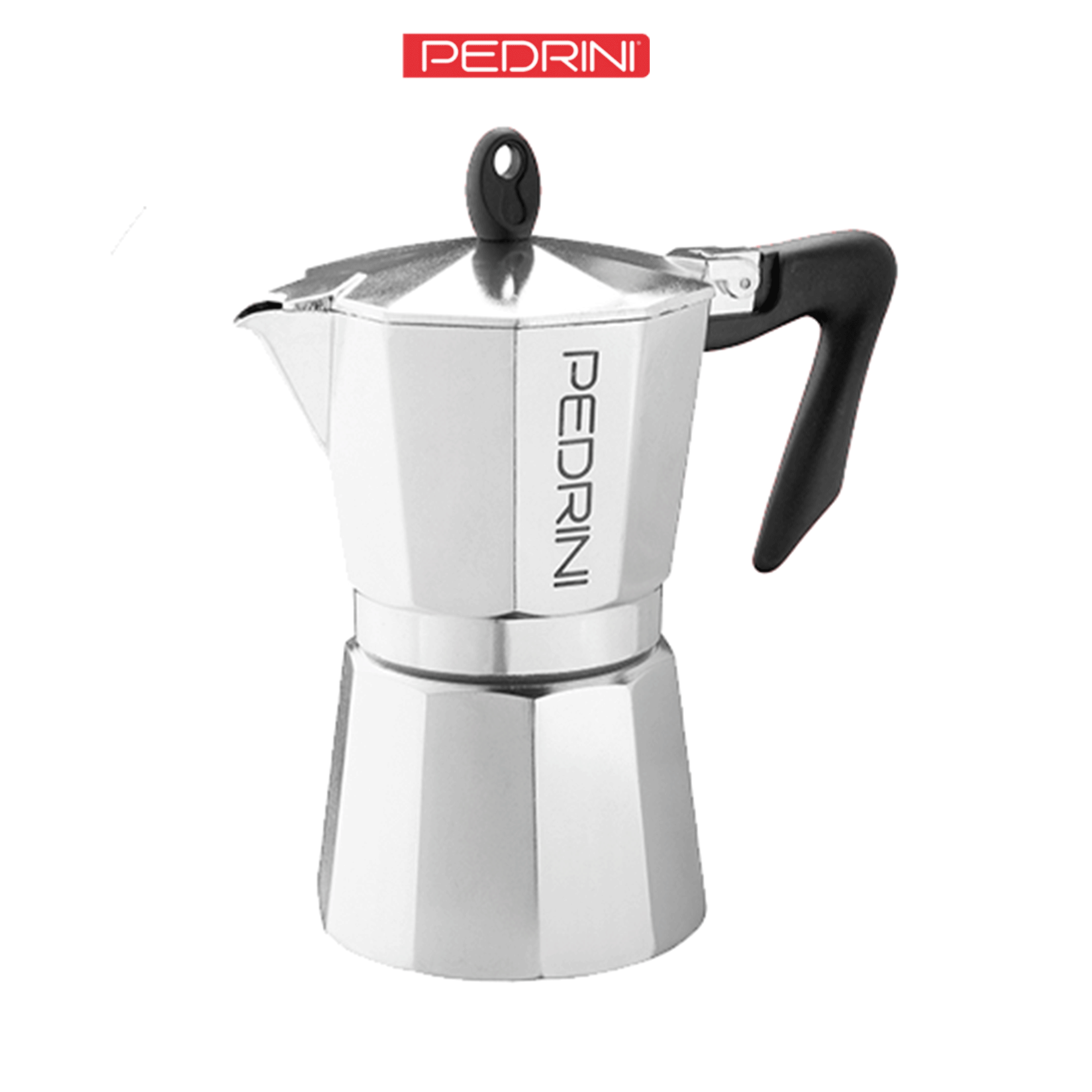 Ấm pha cà phê PEDRINI Kaffettiera tay cầm đen - Aluminium - 1 Cup /2 Cup /3 Cup /6 Cup