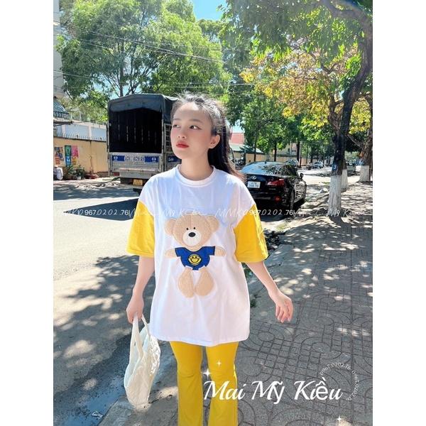 Set quần ống rộng áo thun cotton tay phối gấu thêu xinh xắn