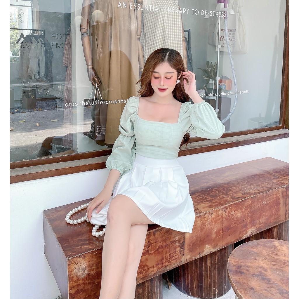SET ÁO KIỂU XỐP NHÚN CROPTOP CỔ VUÔNG TAY DÀI+CHÂN VÁY XẾP LY-hình thật shop chụp