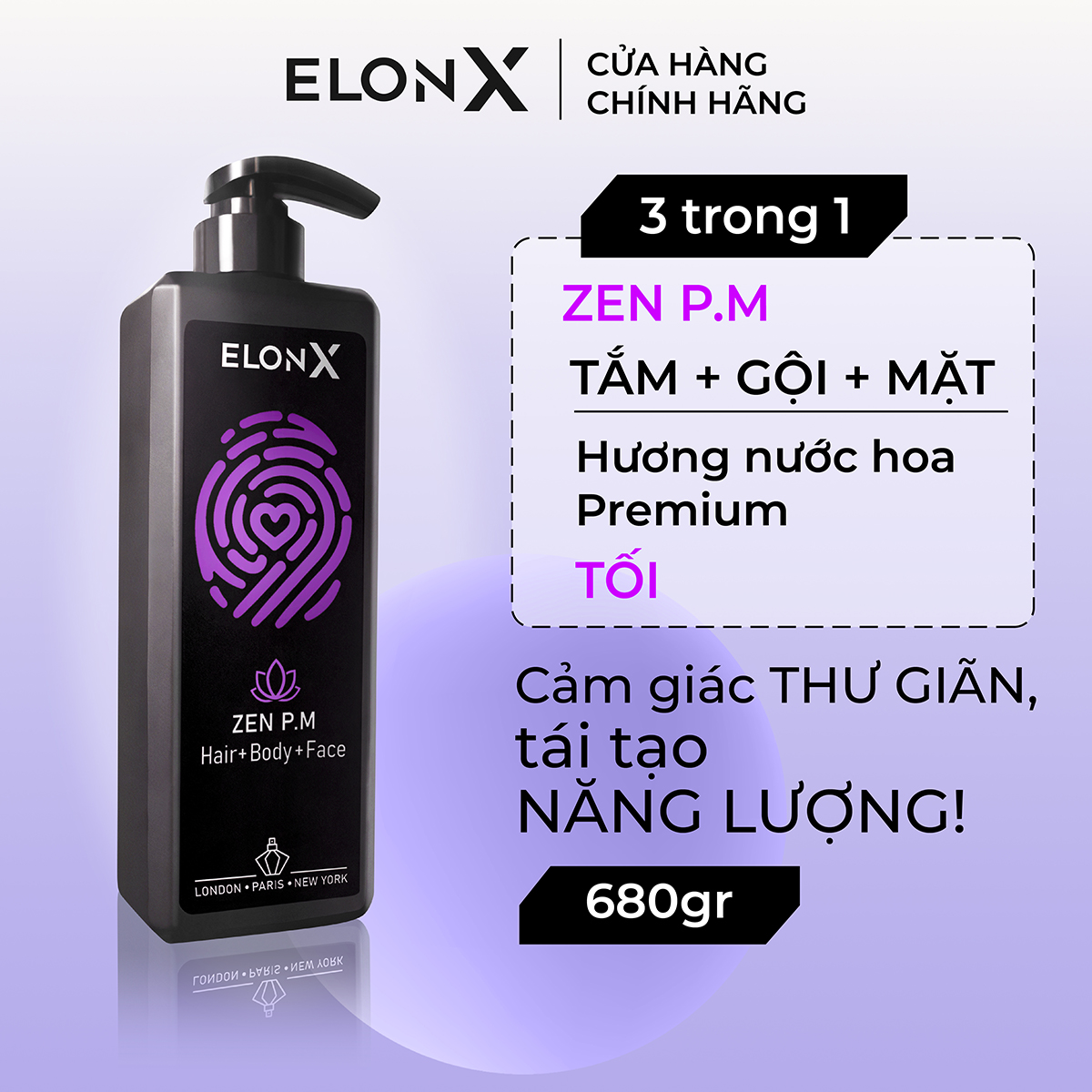 Dầu gội ELONX ZEN P.M dầu gội 3 in 1 nam dầu gội hương nước hoa dầu gội đầu nam thơm lâu sữa tắm gội (tối - 680gr)