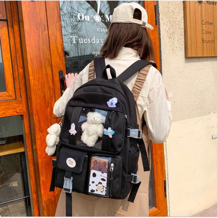 Balo nữ đi học nhiều ngăn đựng laptop chống nước thời trang cao cấp tặng kèm gấu và sticker