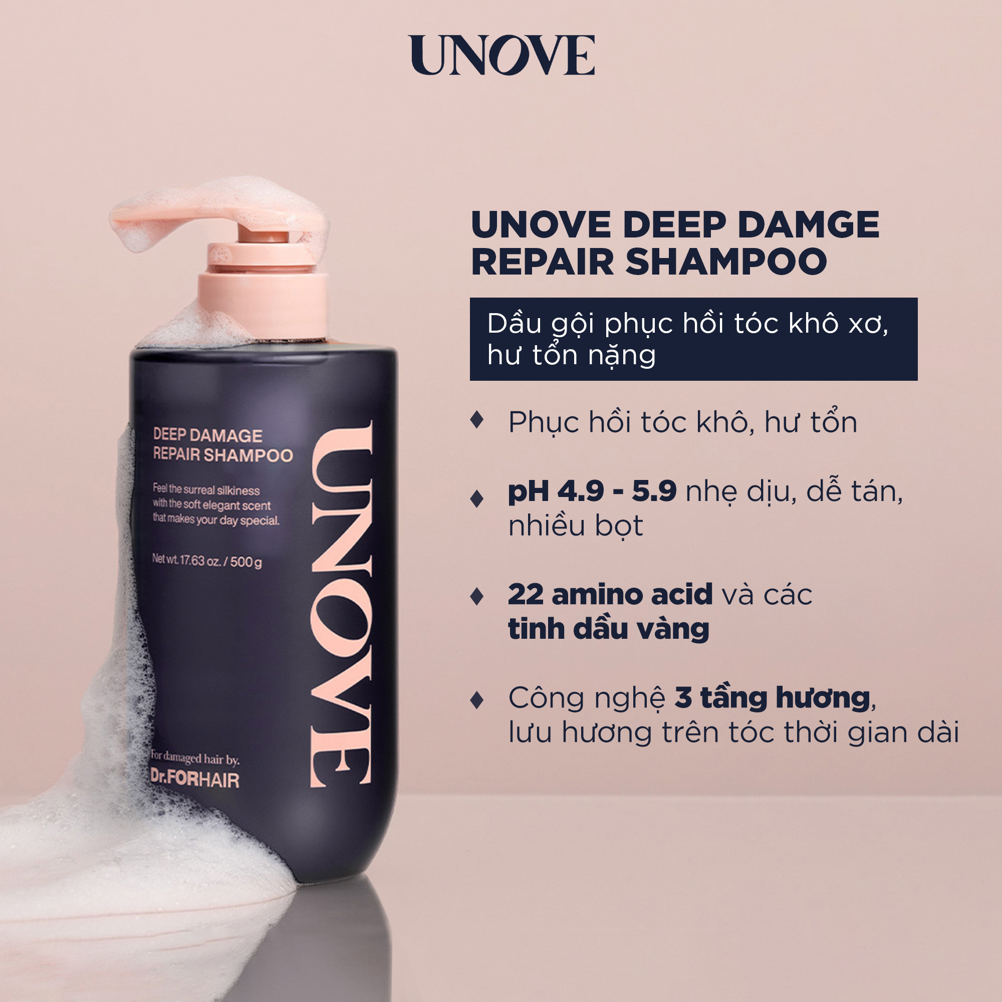 Dầu gội phục hồi hư tổn chuyên sâu UNOVE DEEP DAMAGE REPAIR SHAMPOO 500g