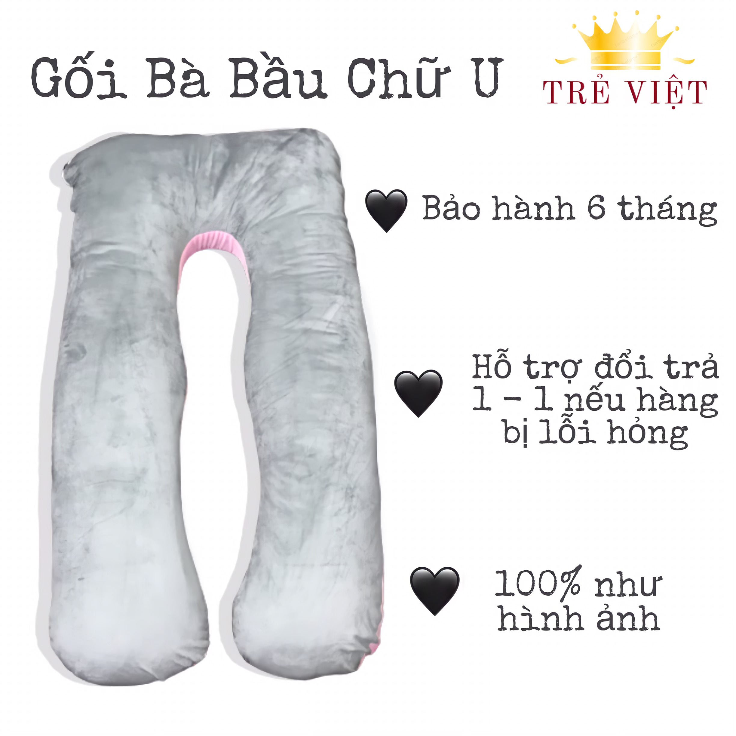 Gối ôm bà bầu TRẺ VIỆT, gối chữ U vải nhung cao cấp, lõi bông căng phồng êm ái, hỗ trợ nâng đỡ cơ thể, tránh tình trạng đau lưng ở mẹ bầu