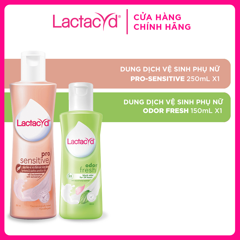 Bộ Dung Dịch Vệ Sinh Phụ Nữ Lactacyd Odor Fresh Ngăn Mùi 24H 150ml + Pro Sensitive Cho Da Nhạy Cảm 250ml