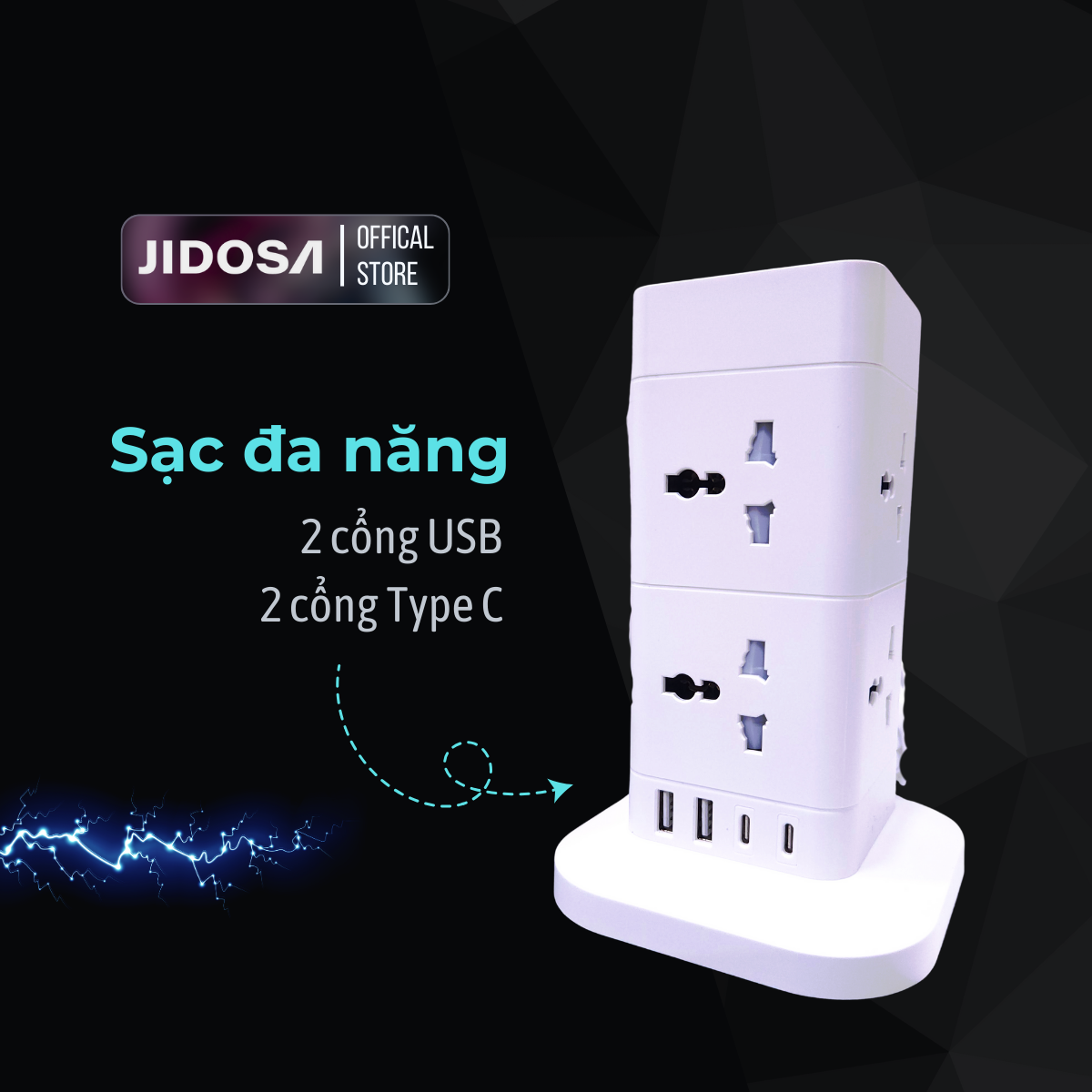 Ổ cắm điện tháp vuông đa năng thông minh JIDOSA JDT814T 8 Ổ cắm tải 3000W USB - Type C dây dài 3m