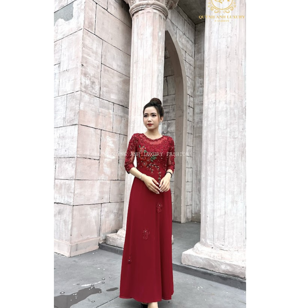 Áo dài dạ hội màu đỏ đô trung niên cho mẹ áo dài bà sui cao cấp sang trọng