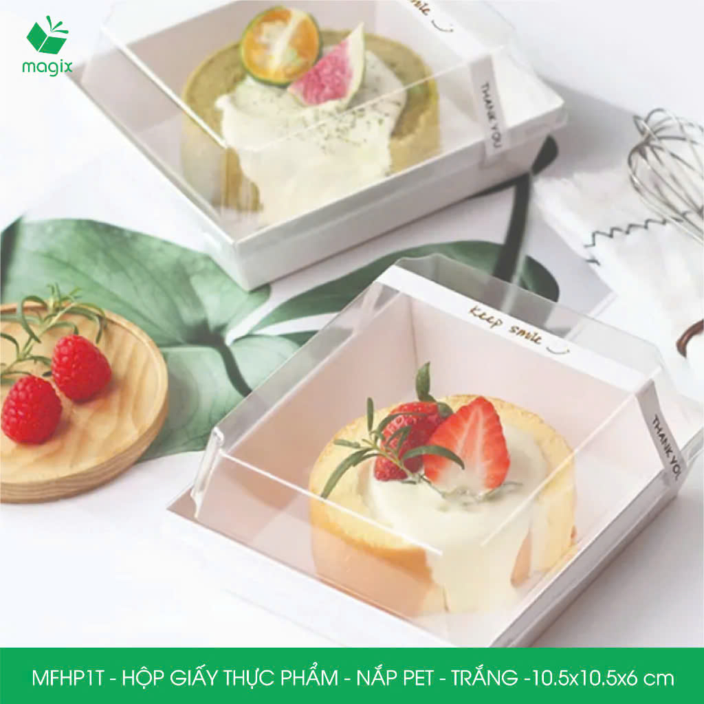 MFHP1T - 10.5x10.5x6 cm - 50 hộp giấy thực phẩm màu trắng nắp Pet, hộp giấy vuông đựng thức ăn, hộp bánh nắp trong