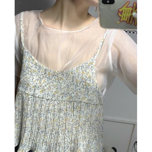 Áo chiffon kiểu tay cộc ghép hai dây họa tiết hoa giả hai mảnh cho nữ