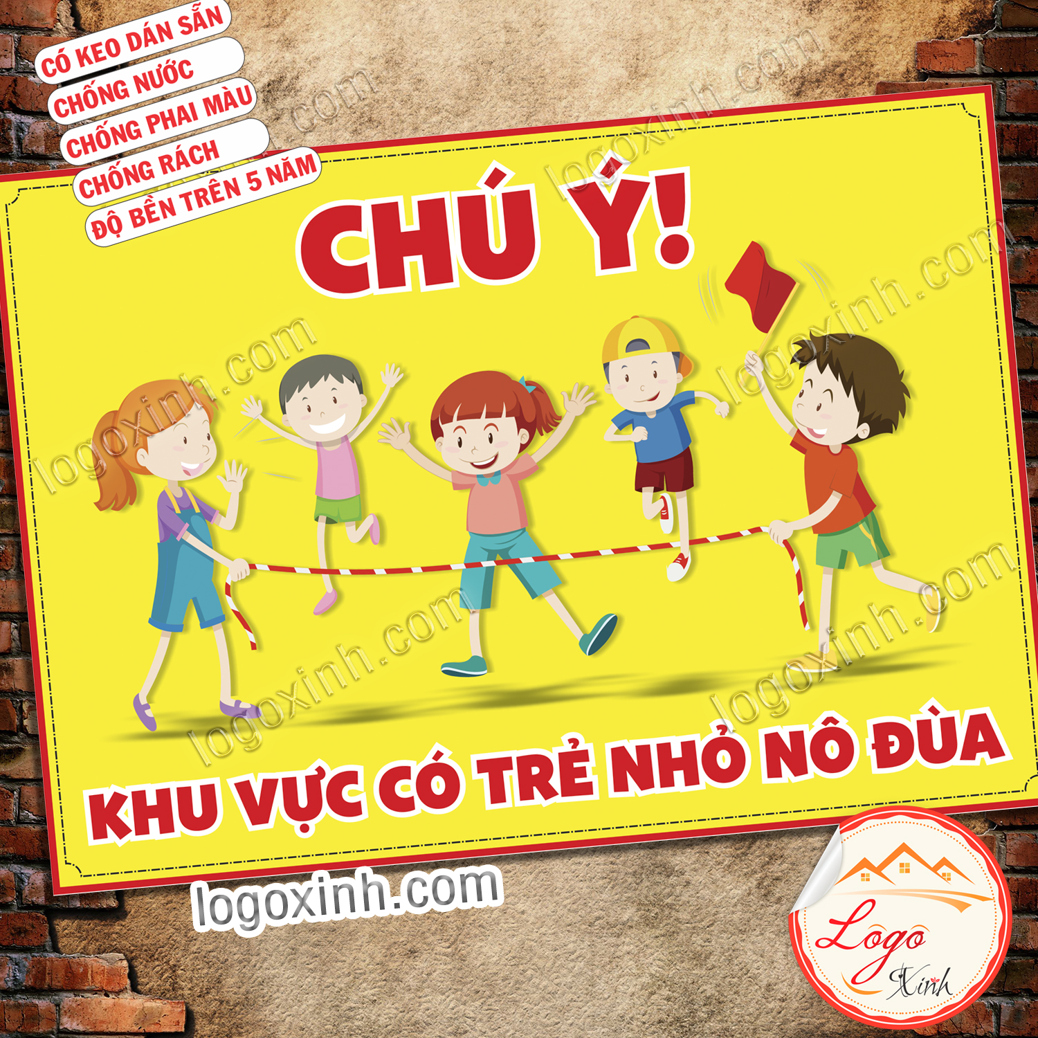 Logo Tem Sticker Cảnh Báo Chú Ý Khu Vực Có Trẻ Nhỏ Nô Đùa, Chạy Nhảy Qua Lại, Cảnh Báo Va Chạm Giao Thông - Warning Kid