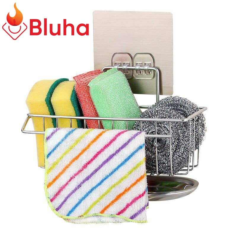 Giá để Giẻ Rửa Bát Dán Tường Inox KRC4 - Giỏ treo đồ rửa chén Kèm Khay Hứng Nước và Thanh phơi khăn tiện dụng không han rỉ