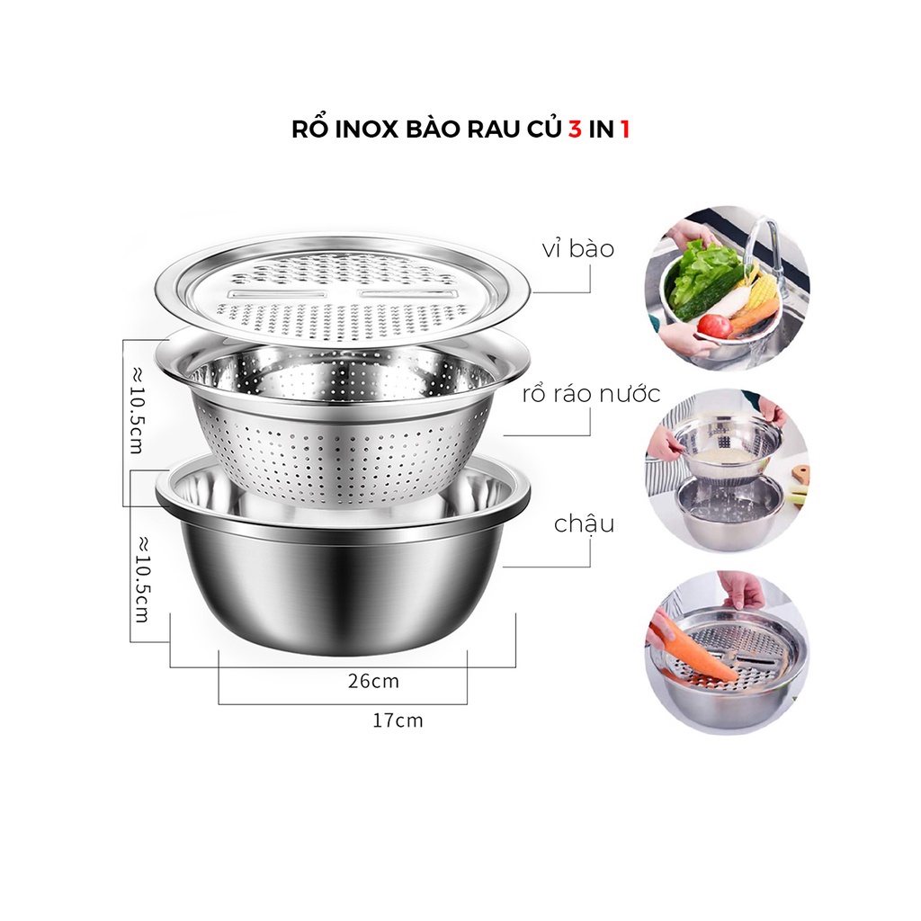 Bộ dụng cụ bào nạo rau củ, Bộ 3 món nạo rau củ kiêm rổ và thau bằng Inox cao cấp tiện Lợi đa năng