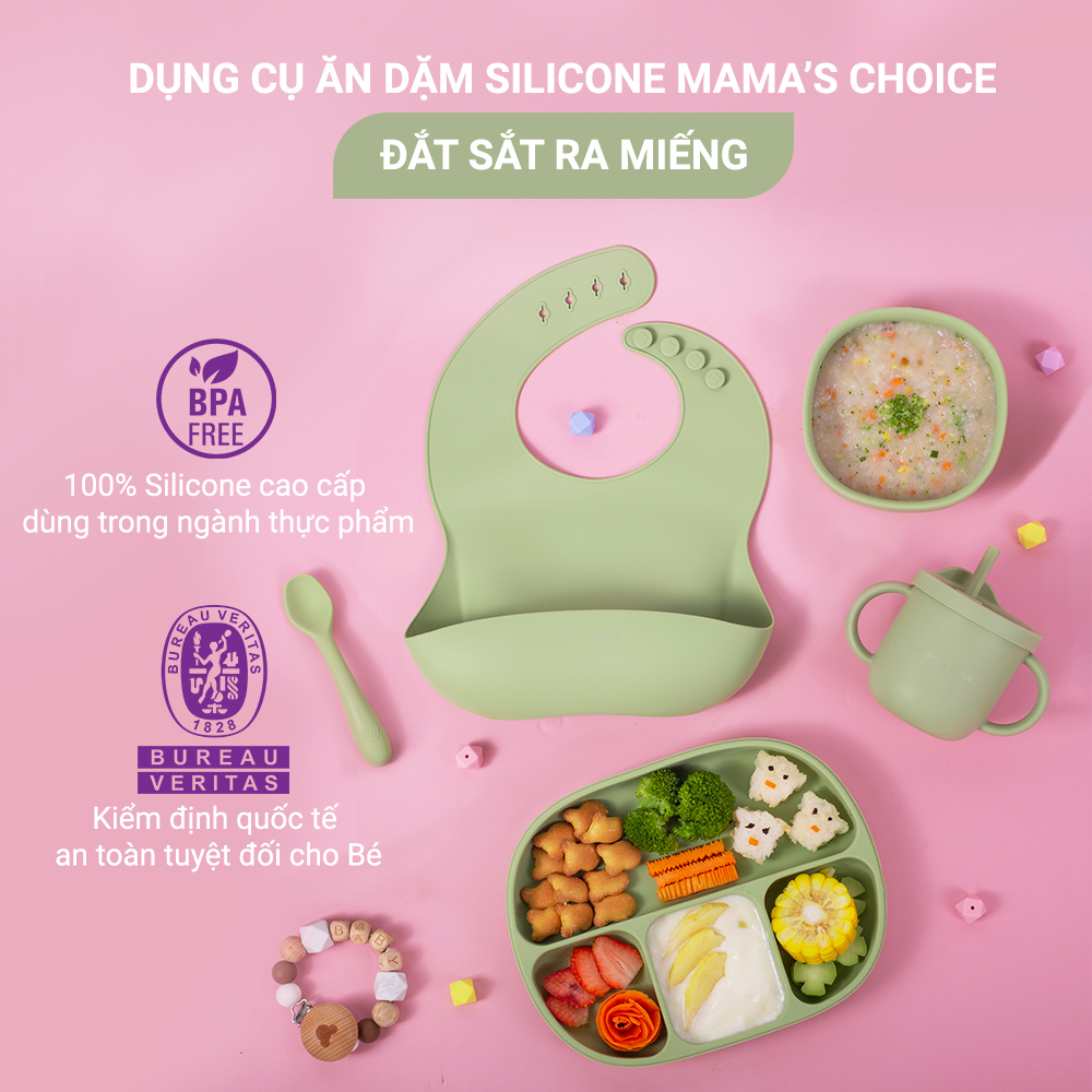 Bộ Ăn Dặm Cho Bé Thương Hiệu Mama's Choice, Combo Ăn Dặm Bát-Khay-Yếm-Thìa-Cốc Silicone Cao Cấp