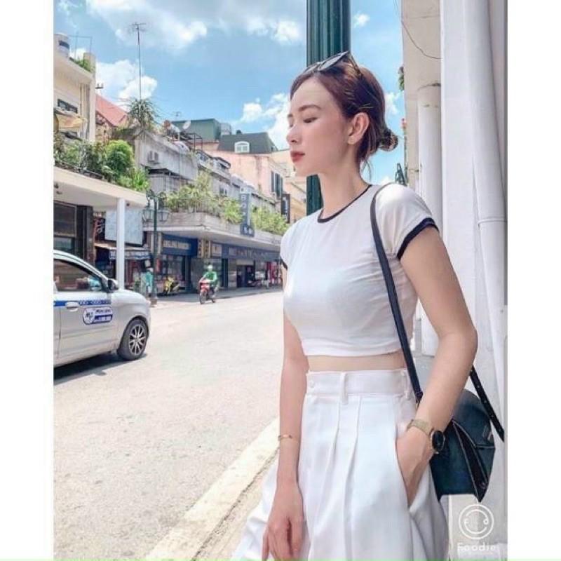 ÁO CROPTOP TRẮNG ĐEN - BODY NỮ CỔ TRÒN THUN GÂN