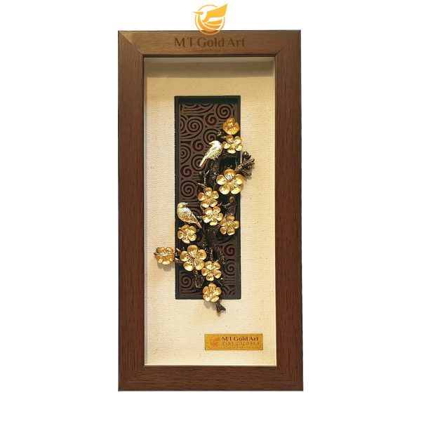 Tranh Hoa mai chim Én dát vàng (14x28cm) MT Gold Art- Hàng chính hãng, trang trí nhà cửa, phòng làm việc, quà tặng sếp, đối tác, khách hàng, tân gia, khai trương 