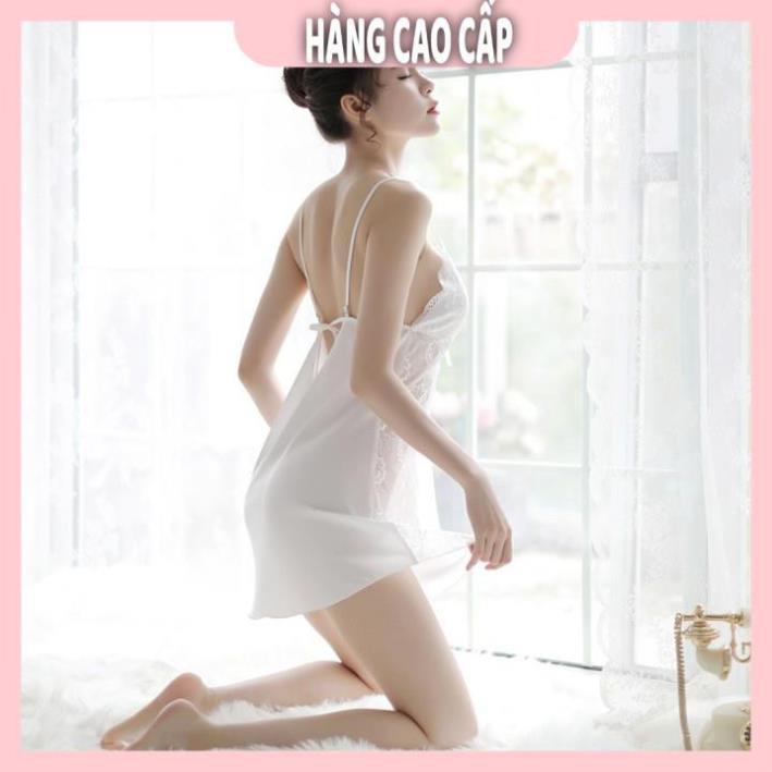 Váy ngủ lụa hai dây phối ren hông gợi cảm màu trắng kèm hình thật shop chụp  *