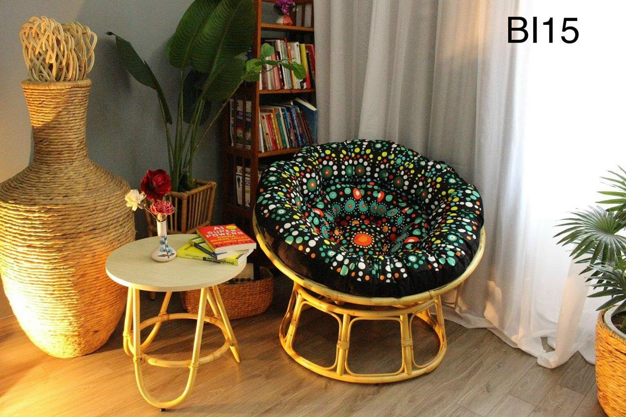 Ghế lười mây thật Tundo papasan cao cấp nệm hoa văn Indochine 1m