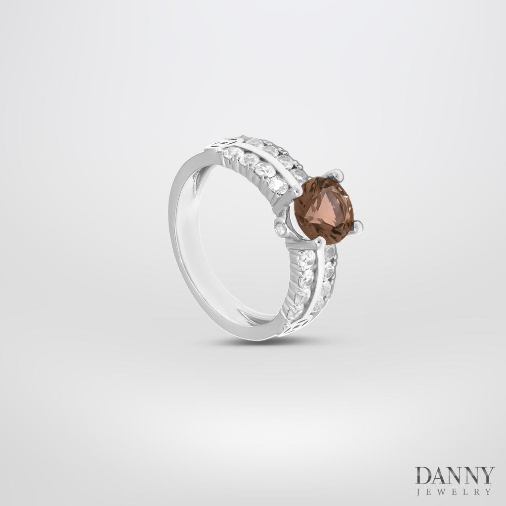 Nhẫn Danny Jewelry Bạc 925 Xi Rhodium Đá Smoky Quartz Viền CZ N0105