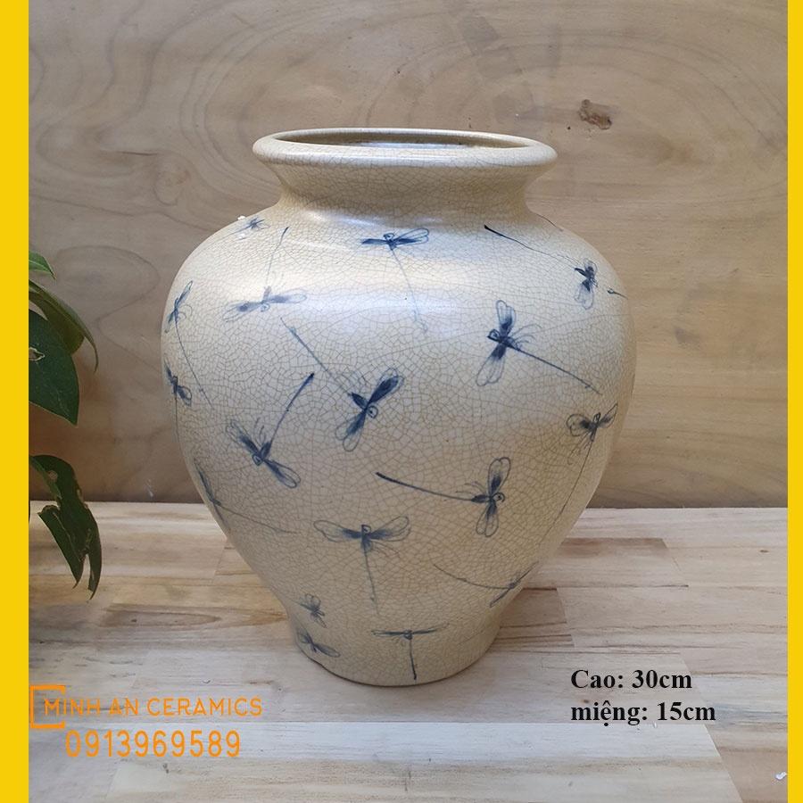 Bình hoa men rạn dáng vò tròn cao H30cm vẽ chuồn chuồn, thích hợp cắm hoa hồng đẹp lung linh gốm Minh An Bát Tràng