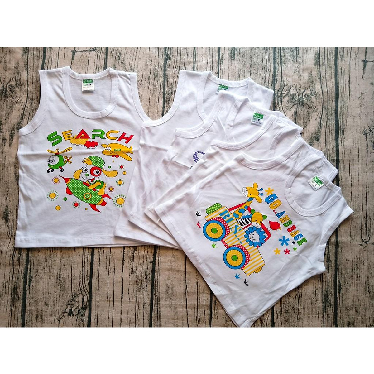 Set 3 áo sơ sinh ba lỗ trắng cotton cho bé -họa tiết ngẫu nhiên