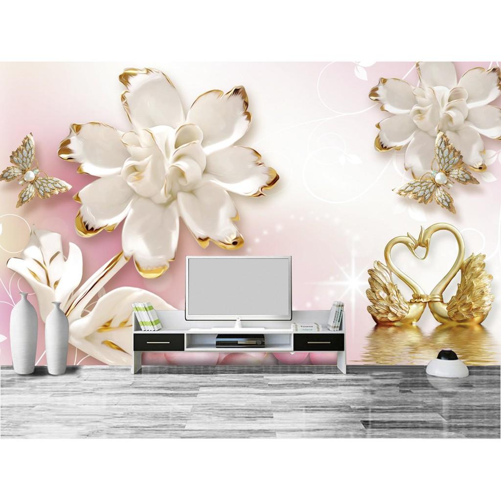 Tranh dán tường Hoa 3D - VẢI LỤA phủ kim sa