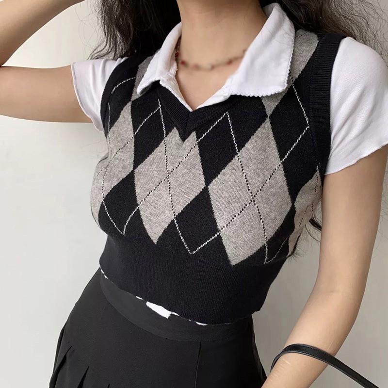 Áo Tank Top Dệt Kim Cổ Chữ V Màu Tương Phản Phong Cách Retro Cho Nữ