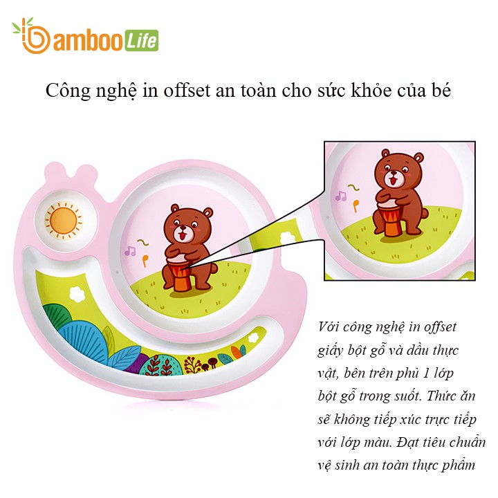 Khay ăn dặm sợi tre Bamboo Life an toàn cho bé- Bộ chén ăn dặm cao cấp 5 chi tiết thìa, dĩa, khay, bát, cốc hình Sên