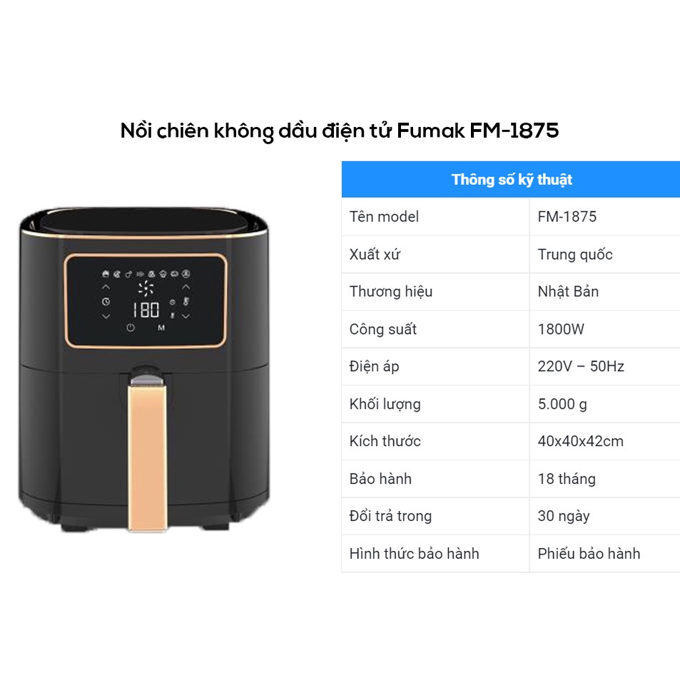 Nồi chiên không dầu điện tử cảm ứng Fumak FM1875 Nhật Bản dung tích 7.5L công suất 1800W - Hàng chính hãng Fumak