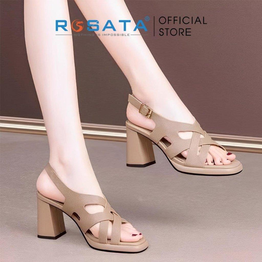 Giày sandal cao gót nữ đế vuông 7 phân mũi vuông  phối dây quai hậu cài khóa mảnh ROSATA RO596 ( Bảo Hành 12 Tháng )